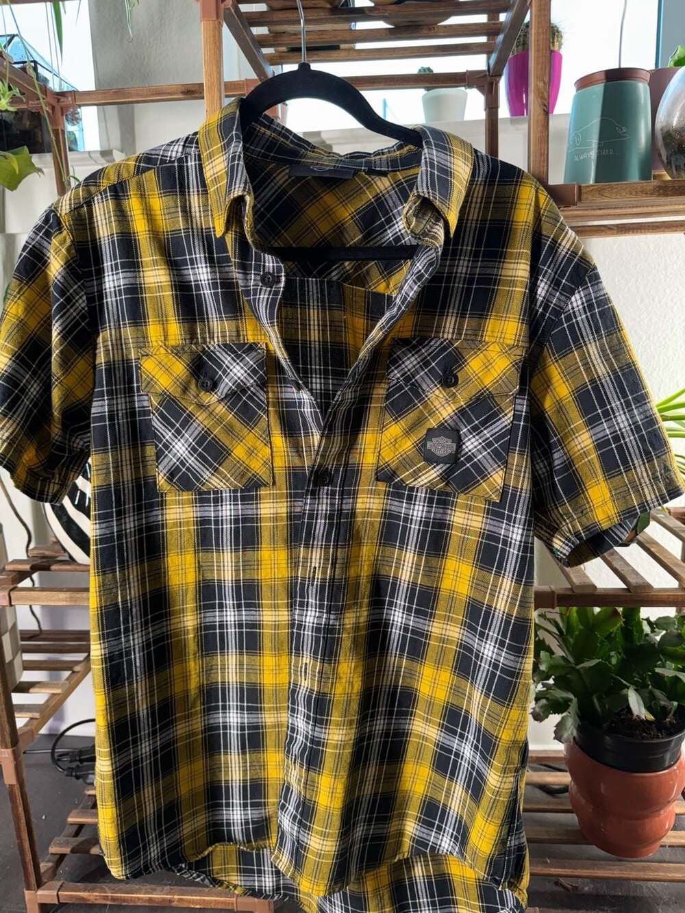 Harley-Davidson Backing It Plaid Shirt Size M Yellow Black Short Sleeve